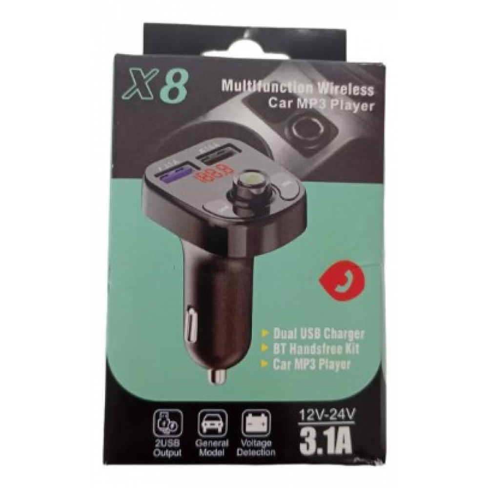 Transmissor FM Bluetooth Veicular X8 - Carregador Rápido Duplo USB 3.1A e Chamadas Viva-Voz