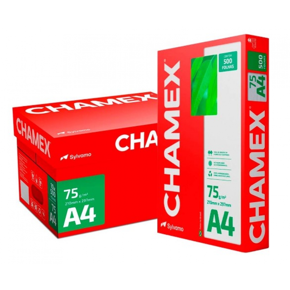 PAPEL A4 75G OFICIO BRANCO CHAMEX 10 PACOTES COM 500 FOLHAS